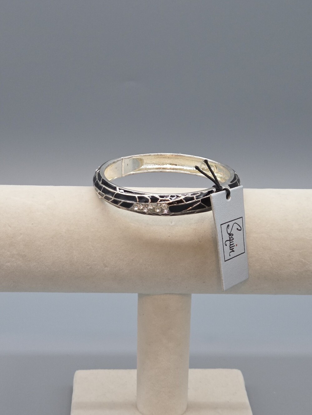 Sequin Black and Silver Bangle Bracelet with Crystal Accent
